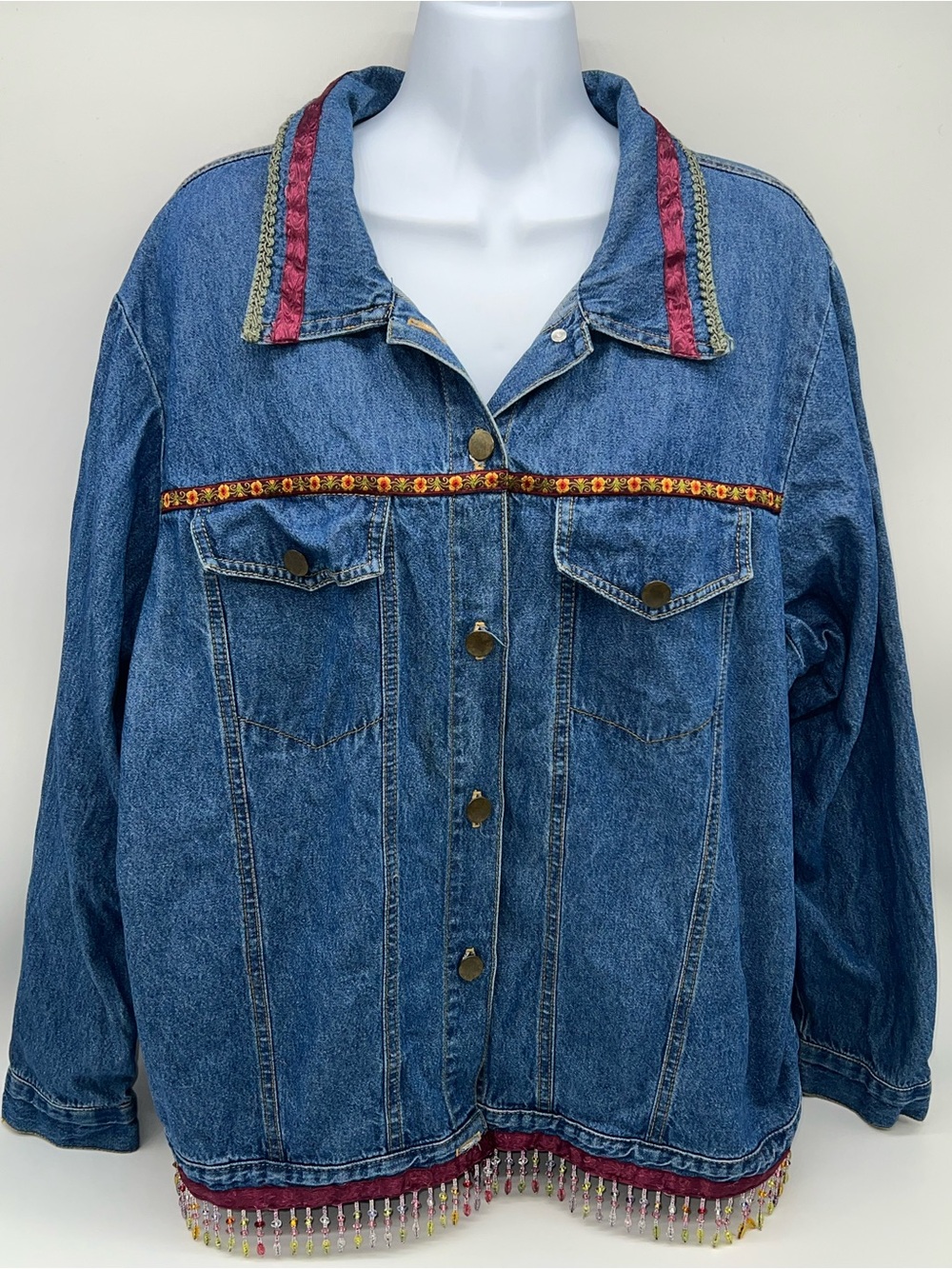 Vintage Roamans 100% Cotton Denim Jean Jacket with Ribbons and Beads Details-XL